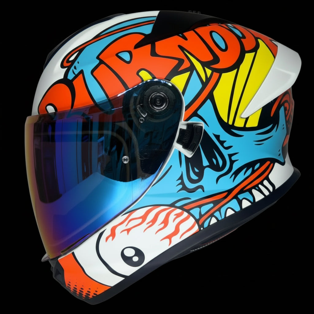 Matte Orange Burnout Design Helmet with Blue Iridescent Visor