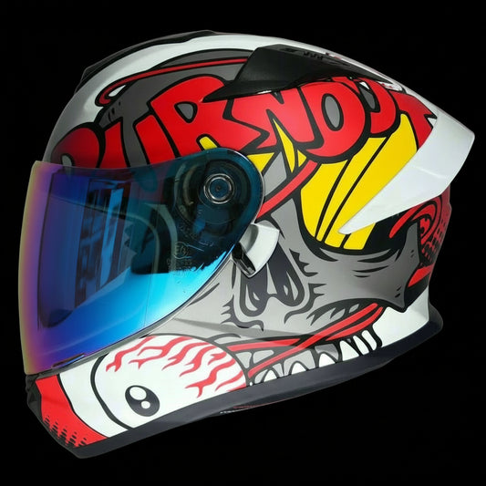 Matte Red Burnout Design Helmet with Blue Iridescent Visor